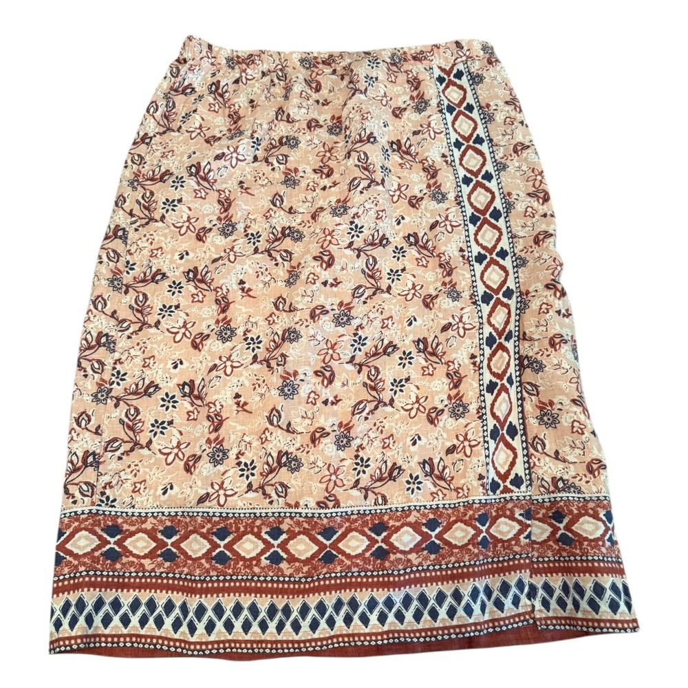 Coldwater‎ Creek Womens Petite Large 100% Linen Floral Border Print Midi Skirt